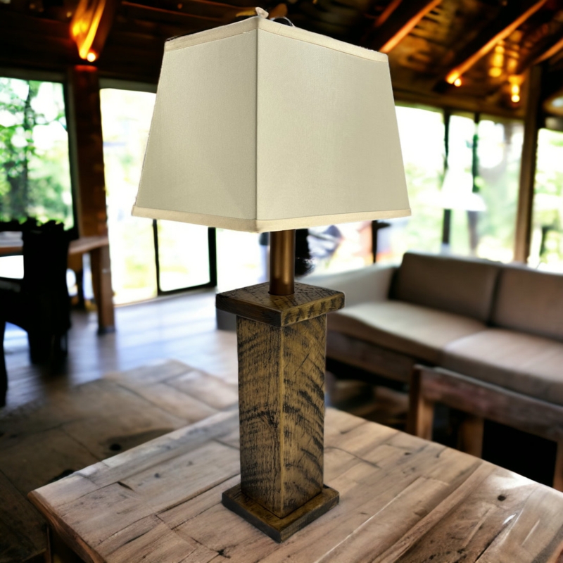 Broedy Rustic Timber Battery Powered Table Lamp. 4x4 Timber Beam Core with Barnwood Top u0026 Baseplate