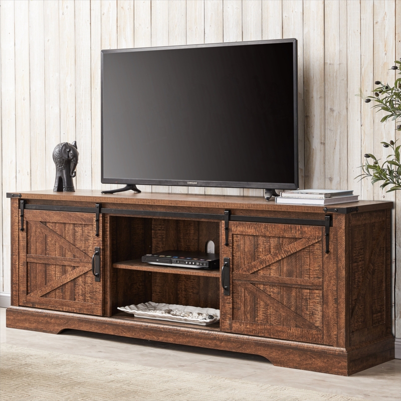 Bryndee Farmhouse 66" TV Stand for 75 Inch TV with Sliding Barn Door, Adjustable Shelves for Living Room