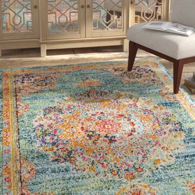 Bungalow Rose Amanah Blue/Yellow Area Rug Polypropylene in Blue/Brown/Yellow, Size 87.0 H x 63.0 W x 0.45 D in | Wayfair