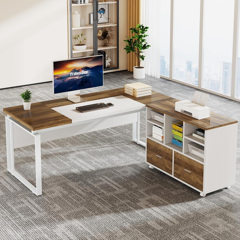 Burgener L-Shape Executive Desk with File Cabinet