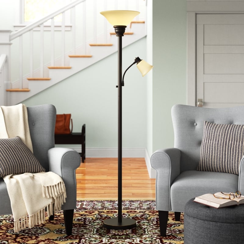 Carie 71" Transitional Metal Uplight Floor Lamp with Reading Light and Glass Shades, Bronze