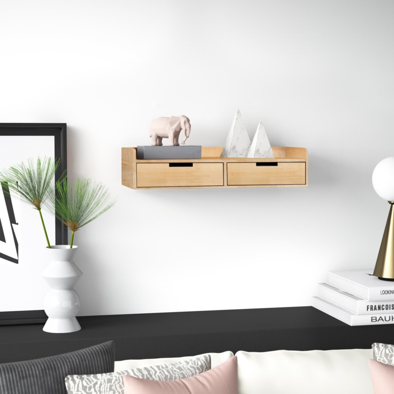 Casiano Solid Wood Floating Shelf with Drawer