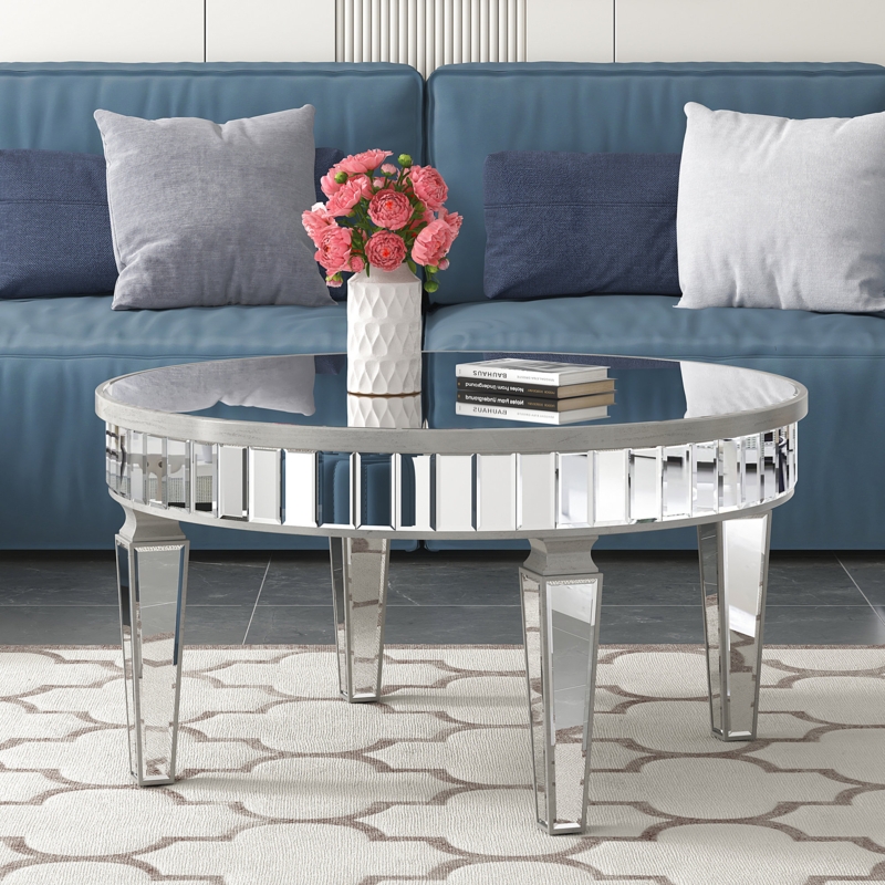 Castin Round Antique Edge Silver Coffee Table 31" Wide Mirrored