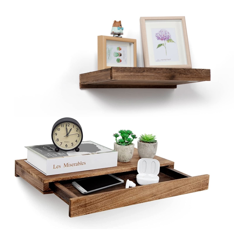 Cattima Solid Wood Floating Shelf with Drawer