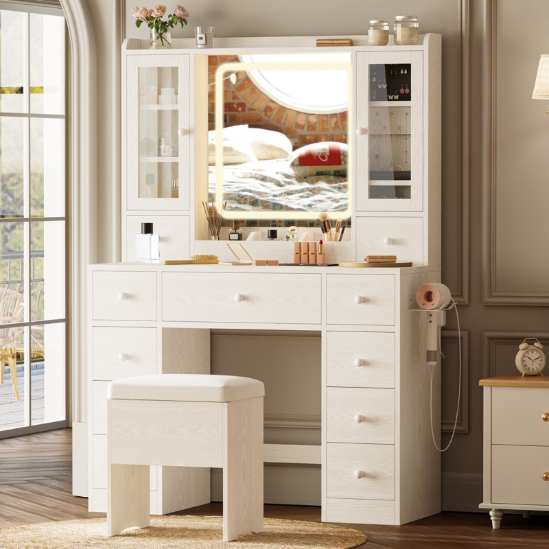 Cheneka Vanity Desk with LED Lights Mirror and Charging Station