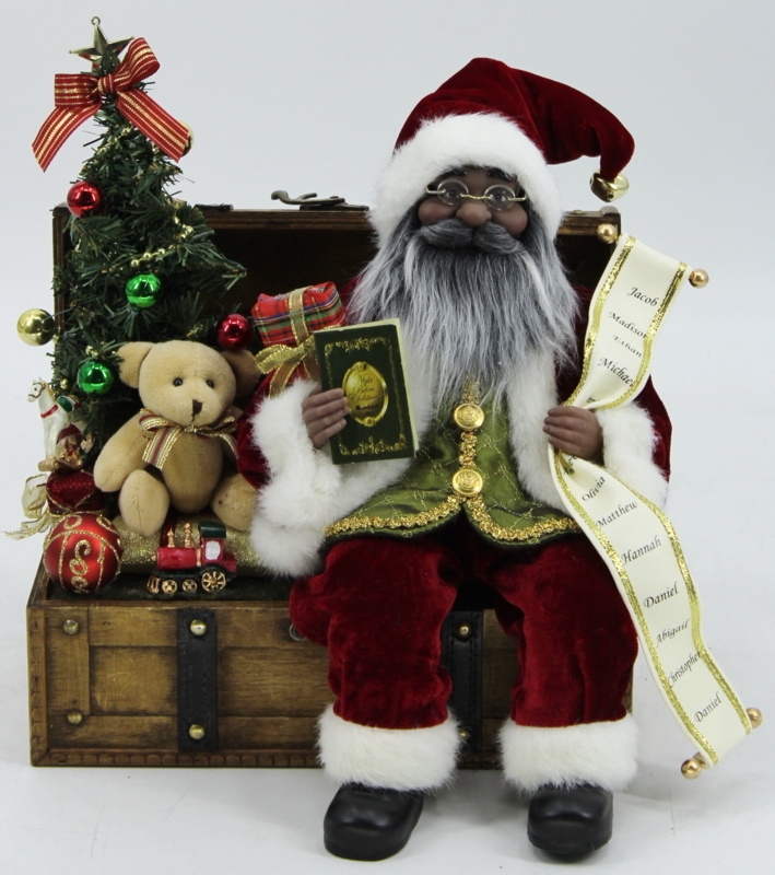 Christmas African American Santa on Wood Chest Loaded with Toys Figurine