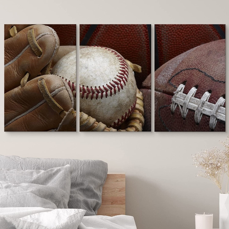 Close up Shot of Well Worn Baseball in Baseball Glove, Football and Basketball - 3 Piece Wrapped Canvas Photographic Print Set