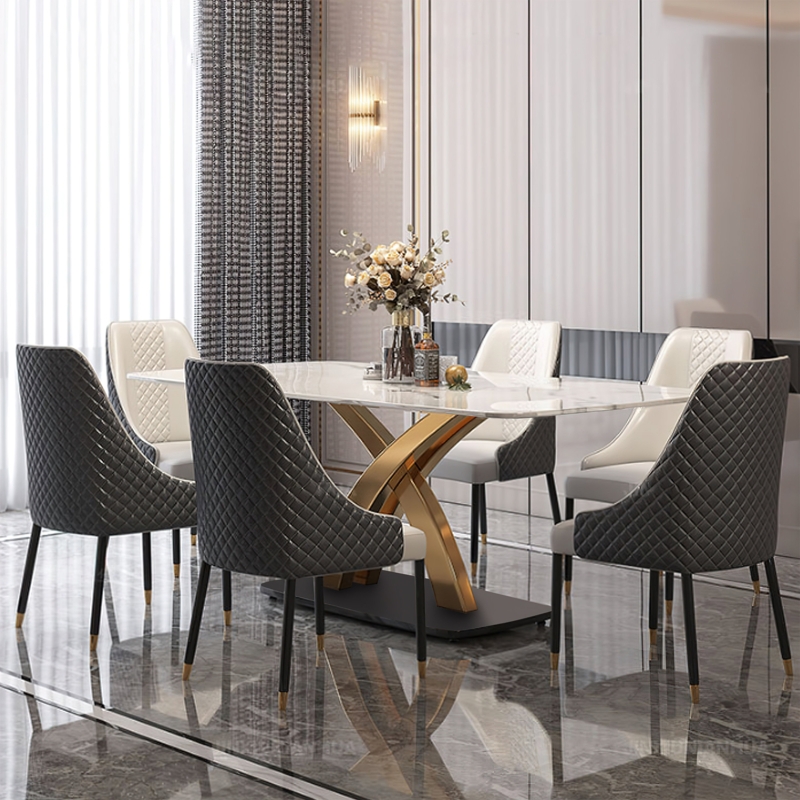 Contemporary White Rectangular Sintered Stone Dining Table Gold Base Dinner Table