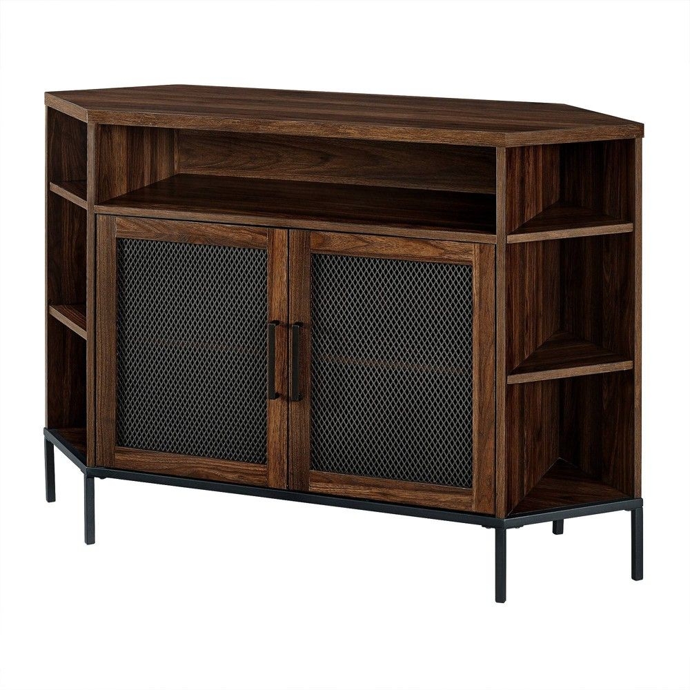 Corner TV Stand for TVs up to 55" with Metal Mesh Doors Dark Walnut - Saracina Home