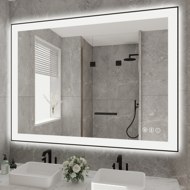 Detjon Black Framed Anti-Fog LED Lighted Dimmable Wall Mounted Bathroom Vanity Mirror