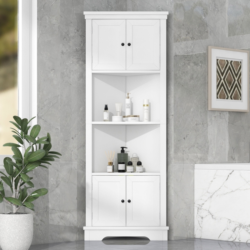 Draco Tall Bathroom Storage Cabinet, Corner Cabinet with Doors and Adjustable Shelf