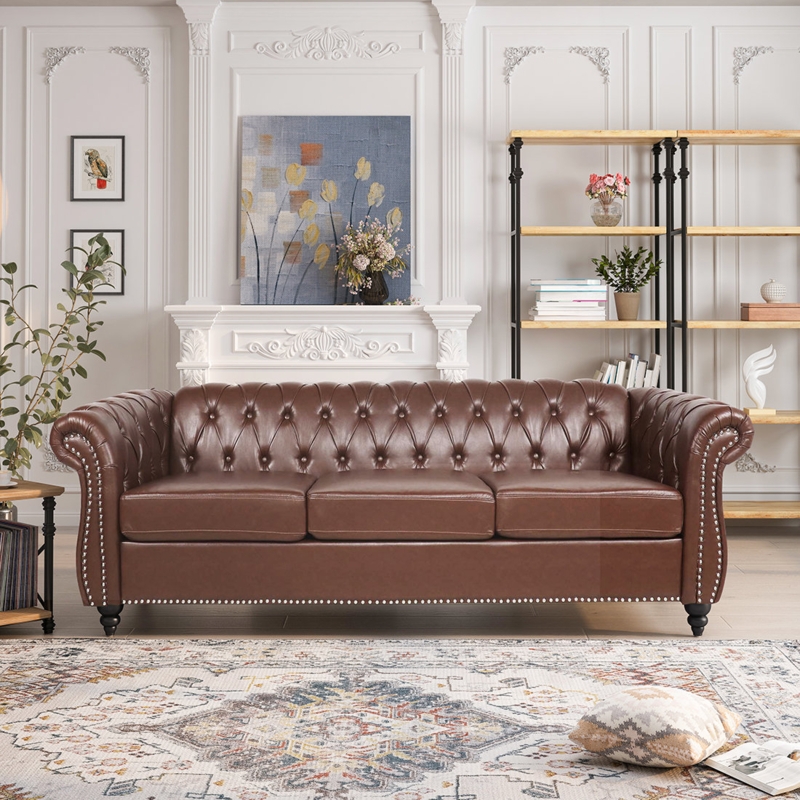 Elaiza 84.5" Faux Leather Rolled Arm Chesterfield Sofa