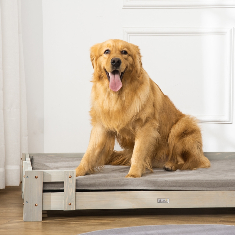 Elevated Dog Bed, Wooden Raised Pet Sofa, Portable Dog Couch Cat Lounge With Removable Washable Cushion For Small, Medium And Large Dogs And Cats, Light Grey