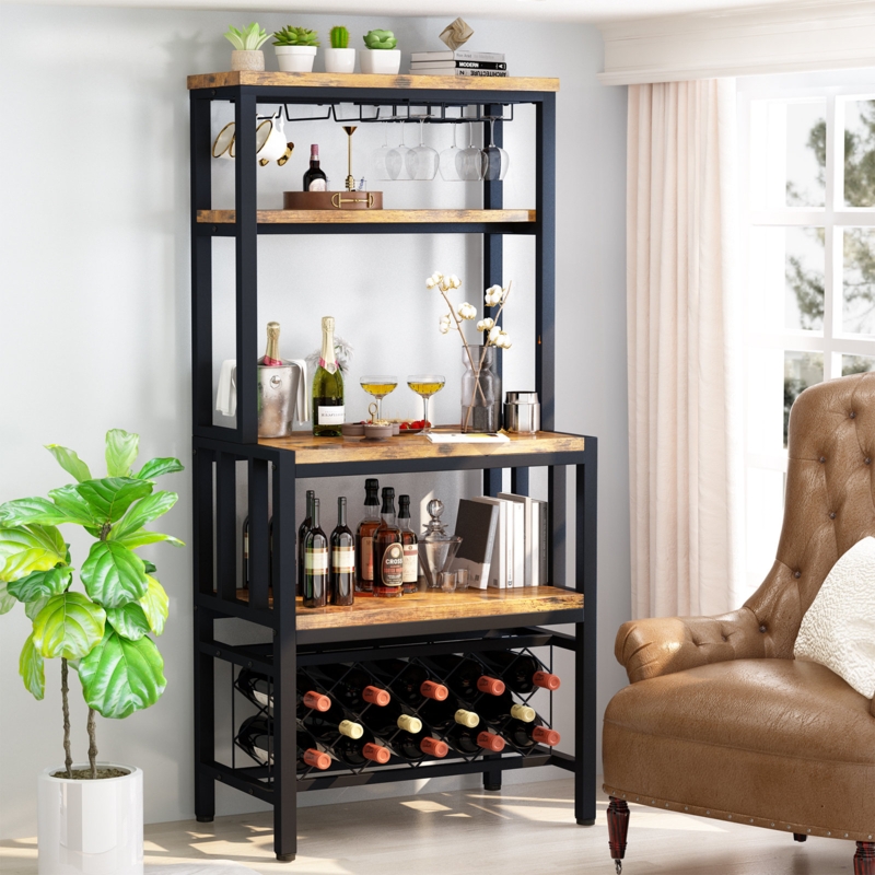 Elfland 14 Bottle Floor Wine Bottle u0026 Glass Rack in Brown/Black