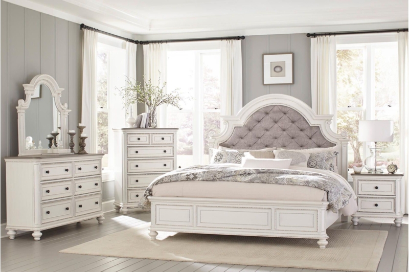 Elvina Antique-White Fabric Panel Bedroom Set 3&4