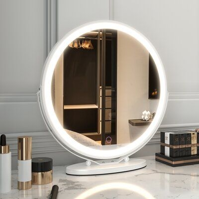 Everly Quinn Erkki Round Lighted Metal Framed Mounts To Dresser Makeup/Shaving Mirror Metal in White, Size 21.3 H x 14.6 W x 5.7 D in | Wayfair