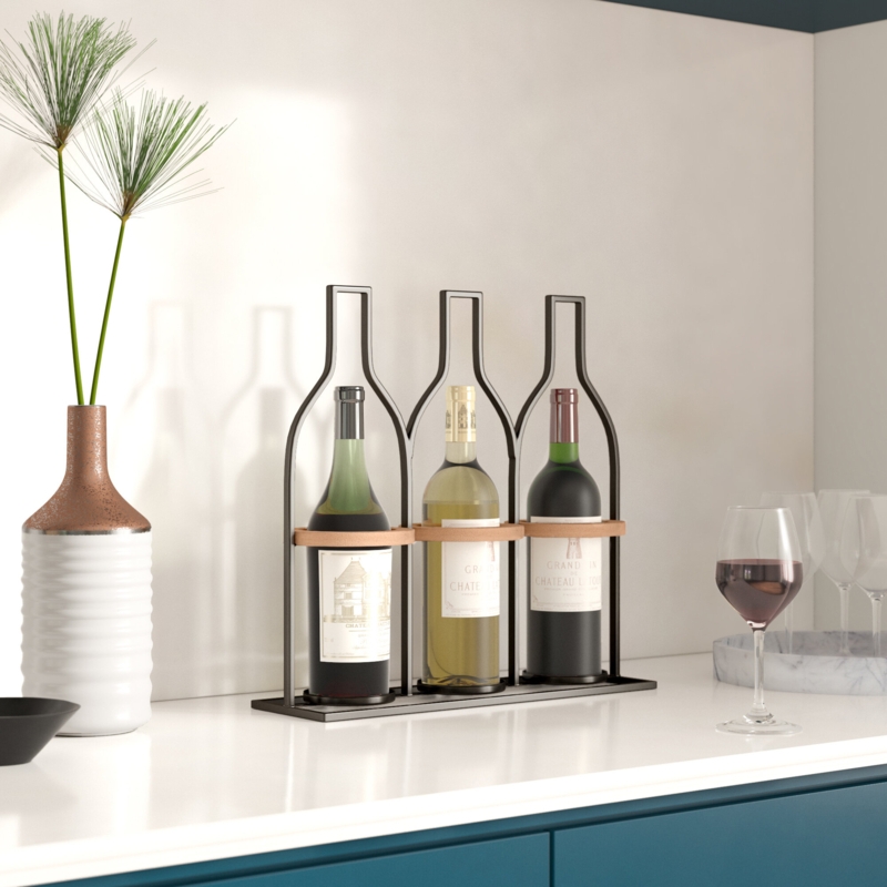 Evins 3 Bottle Tabletop Wine Bottle Rack in Black/Light Brown