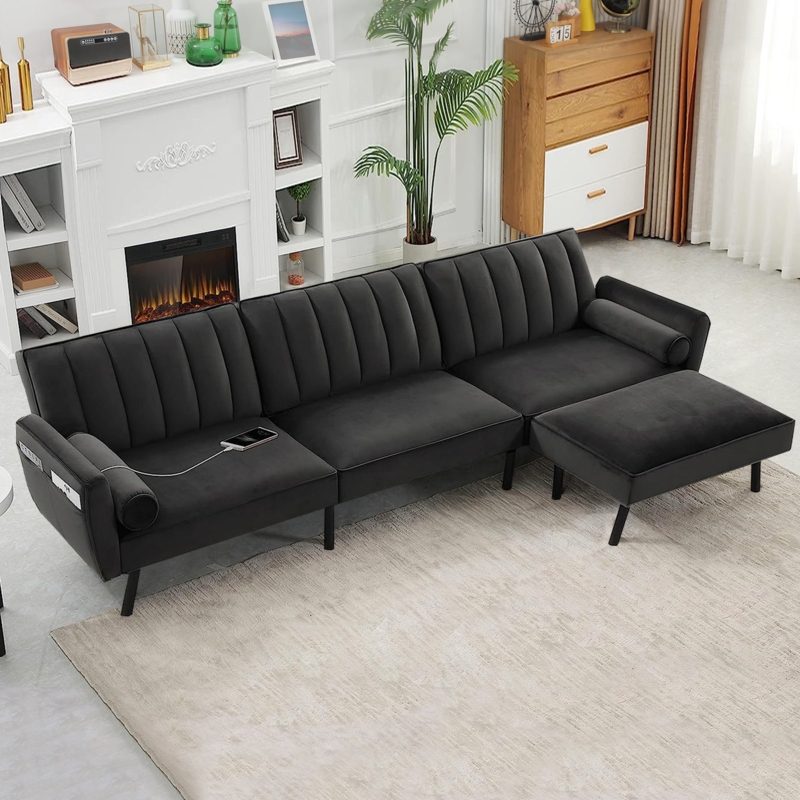 Fara 107" L Shape Sectional Sofa Couch Velvet Sectional Convertible Sofa with Chaise