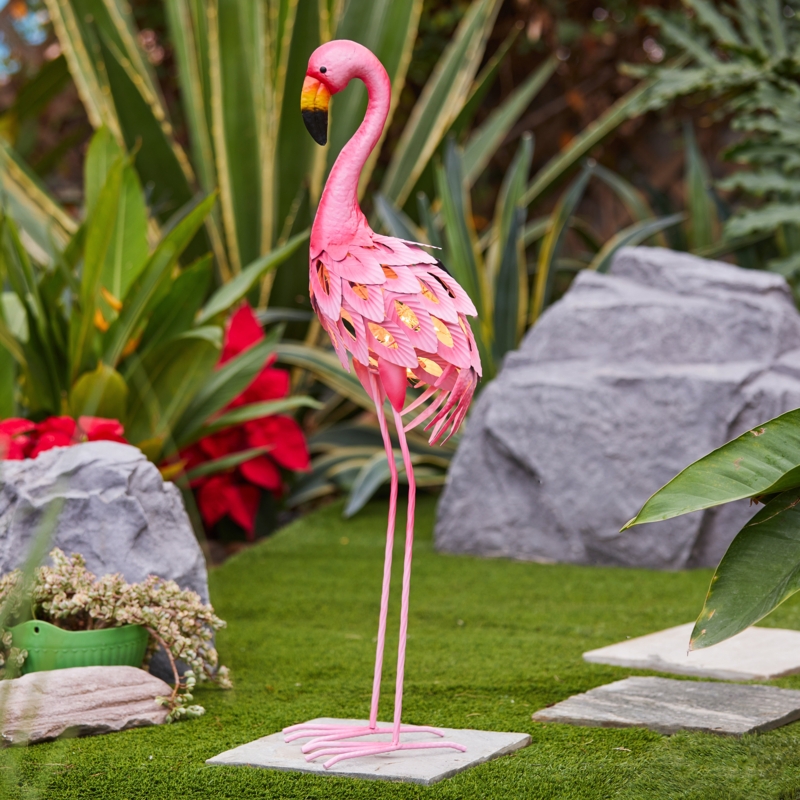 Finck Birds Animals Pink Flamingo Outdoor Metal Garden Statue with Solar Light