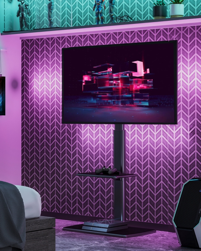 Fitueyes Swivel Floor TV with Wood Base for 32-70 inch TVs Modern Corner TV Stands for Bedroom