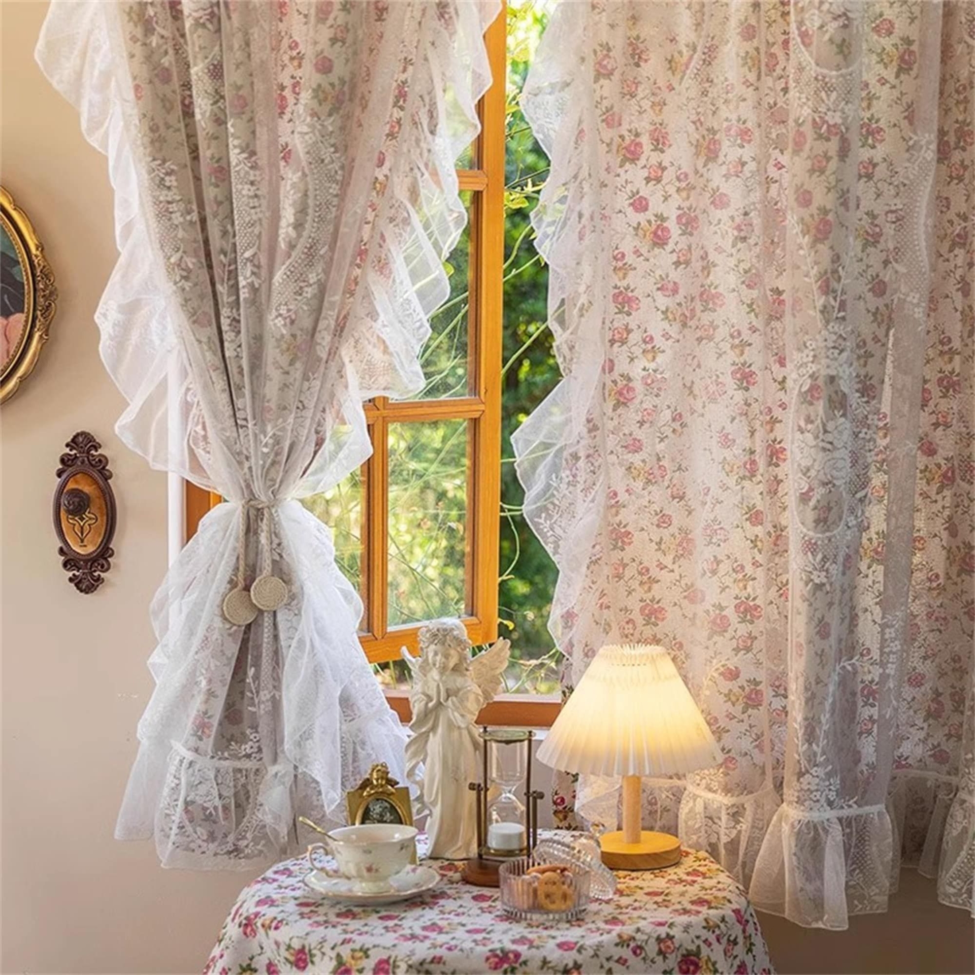 French Retro Rose Floral Ruffle Lace Gauze Curtains, Pastoral Double Layered Floral Tulle Curtains, Floral Curtains for Living Room, Custom