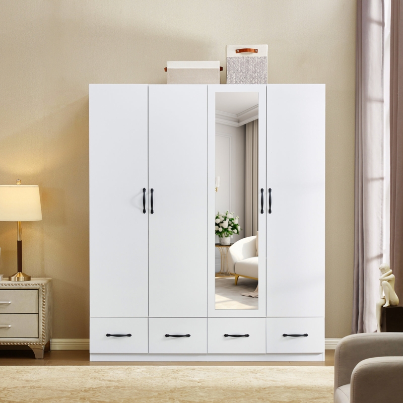 Garian Mirrored Wood Wardrobe Armoire 4 Door & 4 Drawers, White