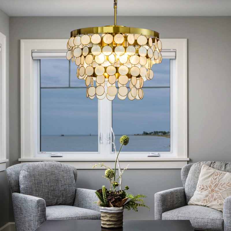 Glenadine 3-Light Unique/Statement Round Coastal Capiz Shell Chandelier With Seashell Accents