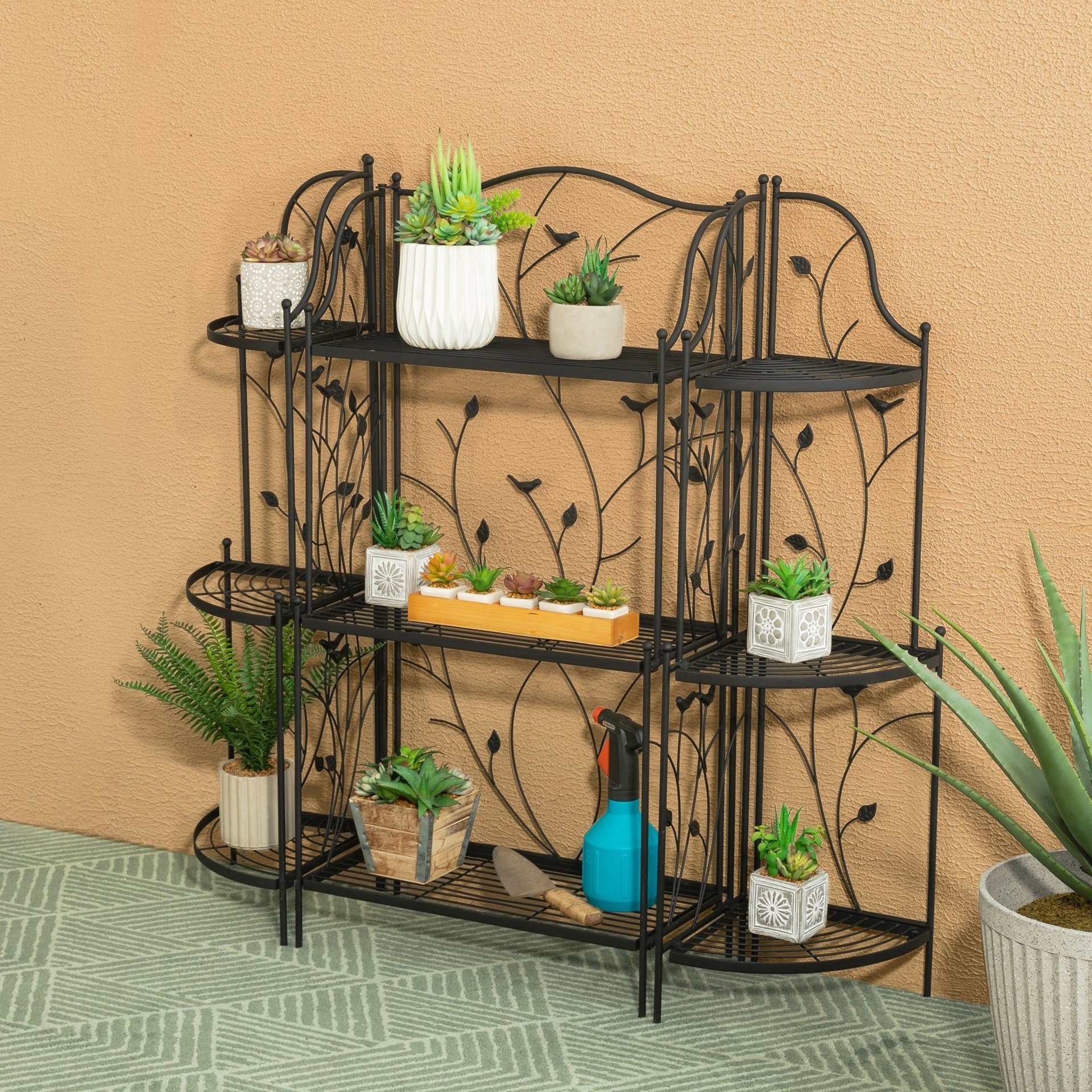 Glitzhome 3 or 4-Tiers Multifunctional Metal Plant Shelving Bakers Rack Planter Stands Flower Pot Shelf One-step Fordable Design