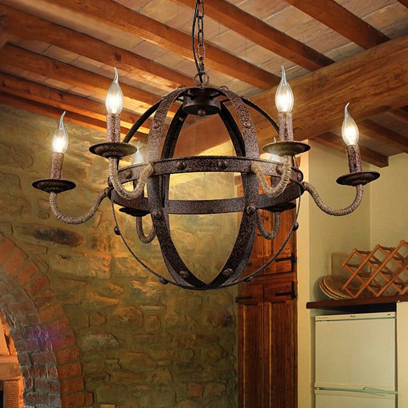 Globe Metal Chandelier Lamp Country Style 6 Lights Dining Room Pendant Lighting in Rust - Rust