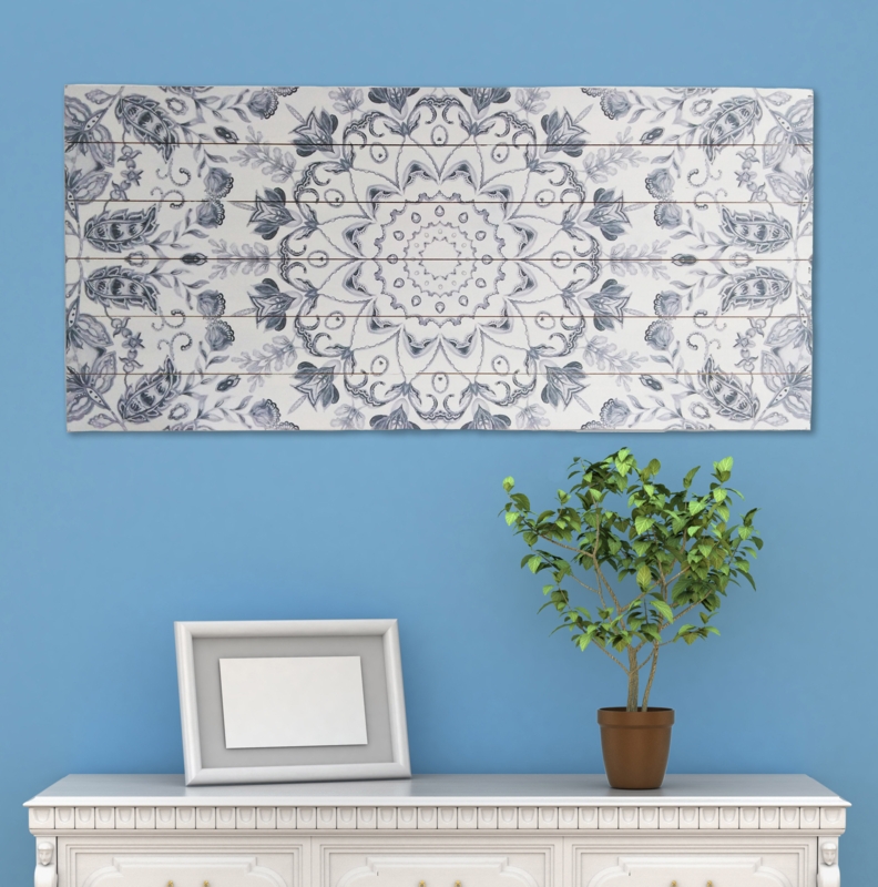 "Gray Medallion" Watercolor Print on Planked Wood Wall Art
