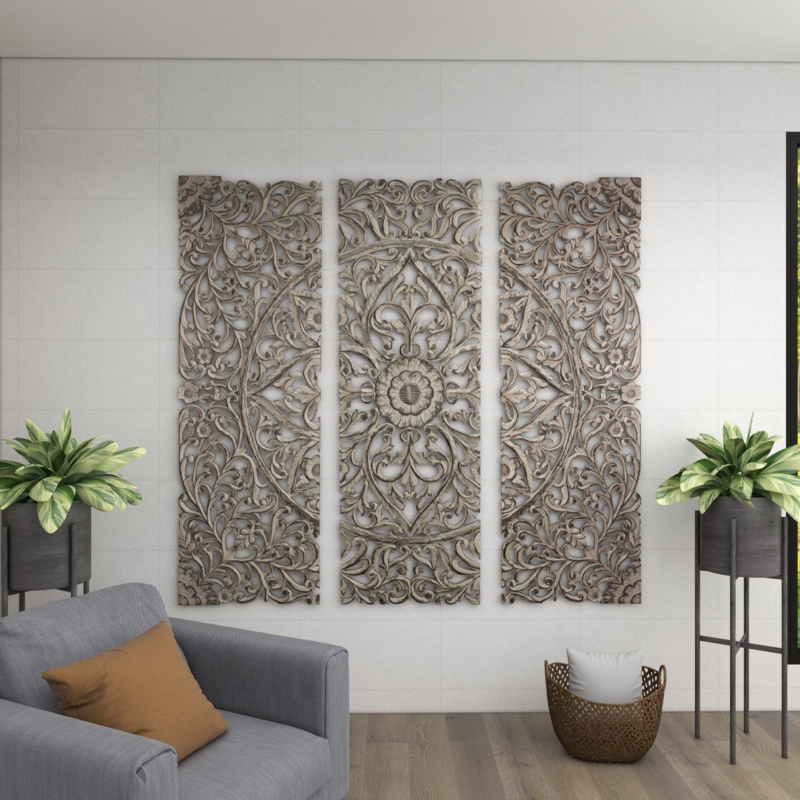 Gray Wood Handmade Intricately Carved Floral Wall Decor with Mandala Design 3 - Pieces