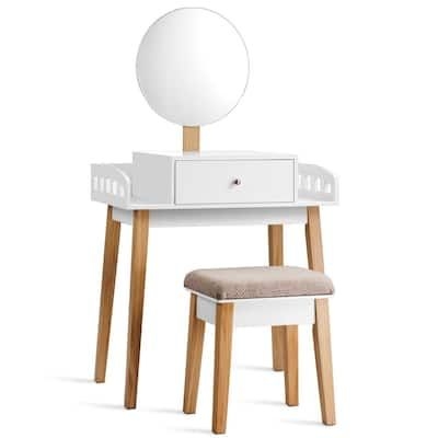 Gymax Makeup Dressing Table Stool Wooden Vanity Set with Round Mirror Drawer, White