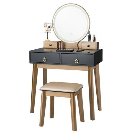 Gymax Vanity Makeup Dressing Table Set w/ Touch Screen Dimming Mirror Black, Size:Full