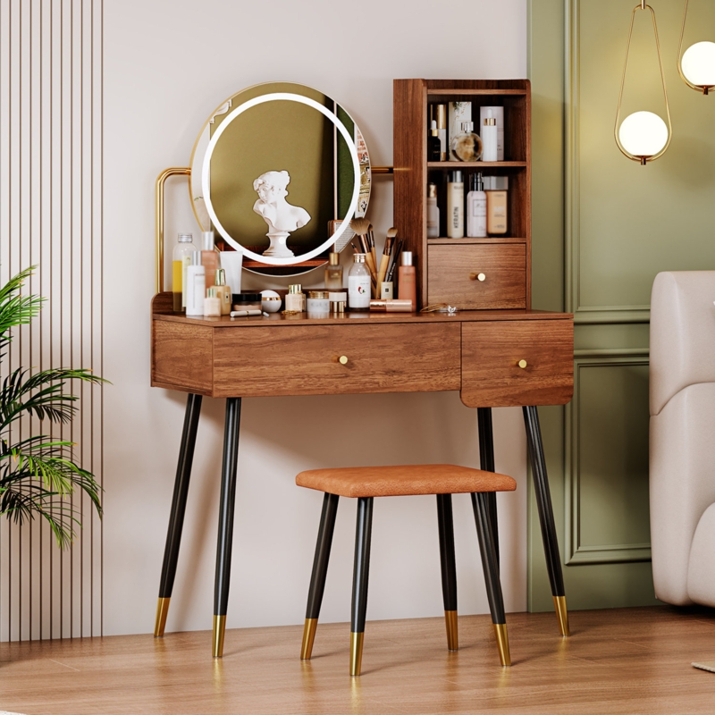 Haledon Vanity Desk, Make Vanity Set with Touch Screen Dimming Mirror, 3 Color Lighting Modes