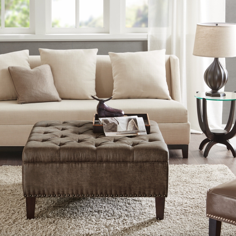 Hattaway 35.5" Wide Faux Leather Tufted Square Cocktail Ottoman