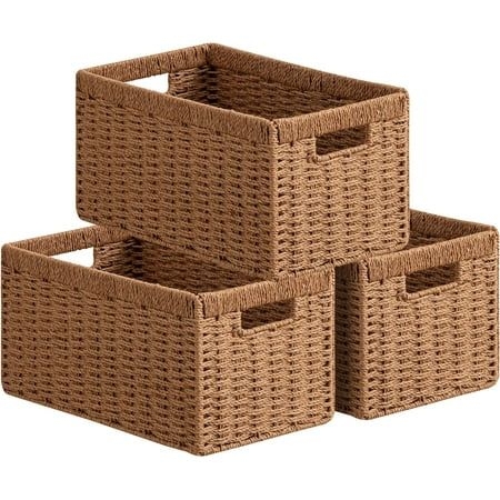 Hblife 3 Pack Wicker Baskets, Rectangle Wicker Storage Baskets with Built-in Handles, Paper Rope Baskets for Shelves Home Organizing, Caramel, Multicolor