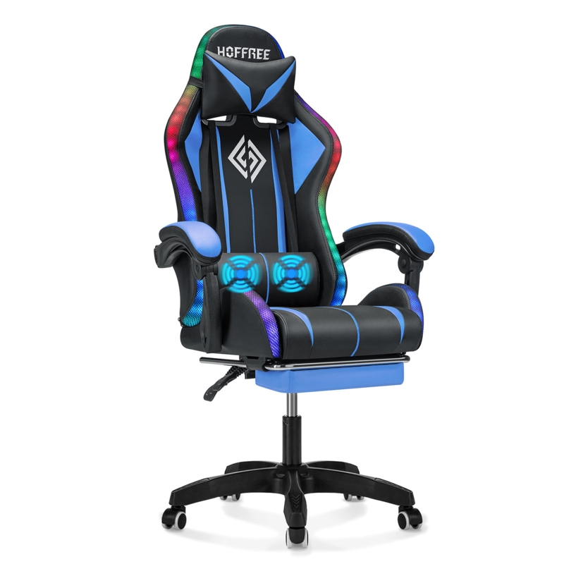 Hoffree Reclining Ergonomic Leather PC & Racing Game Chair with Built-in Speakers and LED Lights