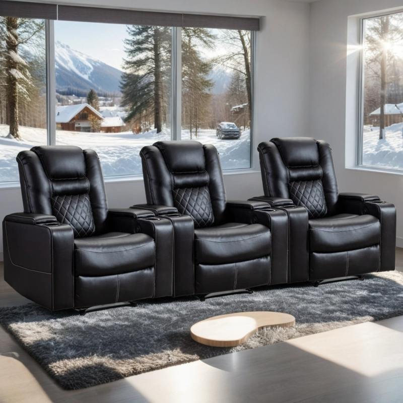 Home Kits Three Person Power Leather Recliner Home Theater Chair with USB u0026 Cup Holder