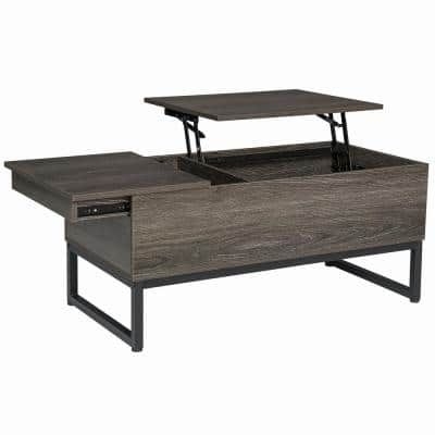 Hommpa 39.37 in. Black Wood Grain Rectangle MDF Lift Top Coffee Table with Hidden Compartment with Charging Sockets & USB Ports