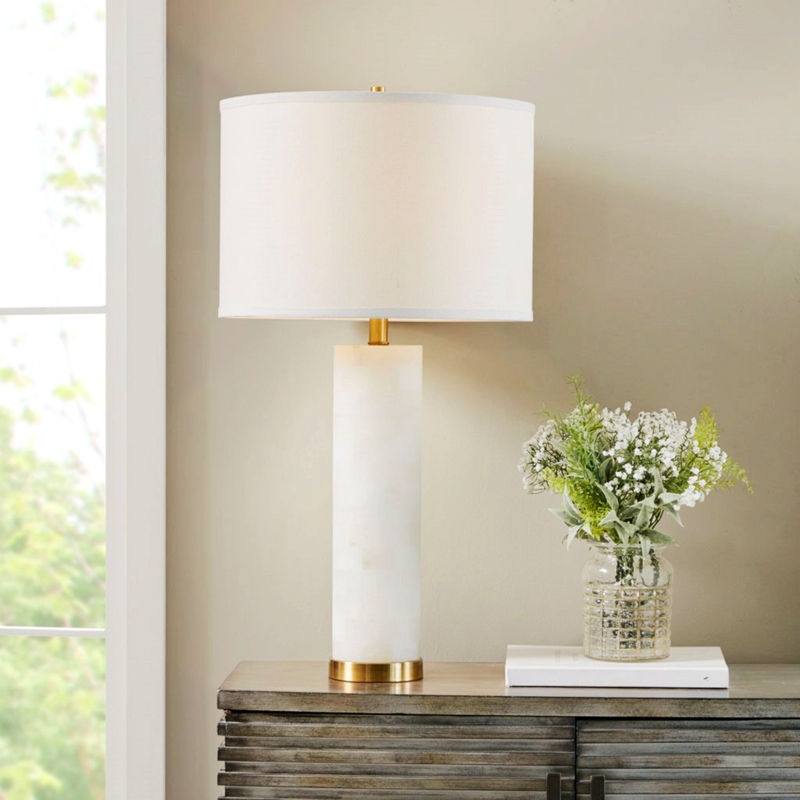 Houchens Alabaster Table Lamp with Alabaster Base and Polarized Plug