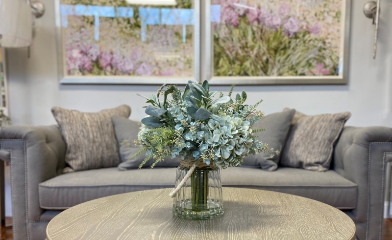 Hydrangea And Eucalyptus Arrangement in Vase