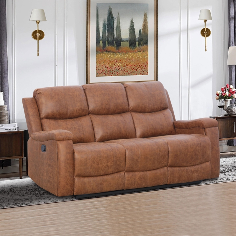 Ilkeston 79" Wide Manual Recliner Sofa Luxurious Cognac Leather with Integrated Cup Holders Family Comfort