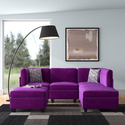 Indigo Sectional - Etta Avenue Marco 90" Wide Modular Corner Sectional w / Ottoman Upholstery / Velvet, Wood in Indigo | Wayfair