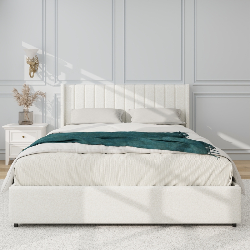 Ivory Boucle Upholstered Bed Frame Teddy Fabric Bed with 4 Drawers Storage Tufted Headboard 