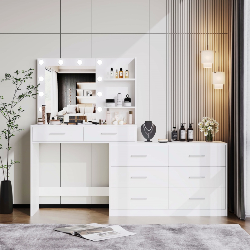 Jaisen 65"W Makeup Vanity Desk with Mirror and 3-Color Lights, 8 Drawers Vanity Table with Storage Shelf