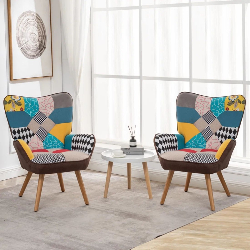 Jamaurion 30" Patchwork Camelback Tufted Accent Chair with Colorful Fabric (Set of 2)