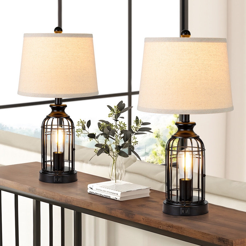 Jeadon Metal Bird Cage, 3 Way Dimmable, Night Light Table Lamps with USB Port (Set of 2)