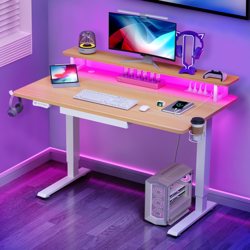 Jicu 47'' Electric Height Adjustable Standing Desk with LED Light, Power Outlets u0026 Drawer