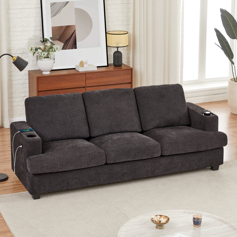 Jusino 89'' Chenille Square Arm Sofa With USB Charging Ports u0026 Cup Holders