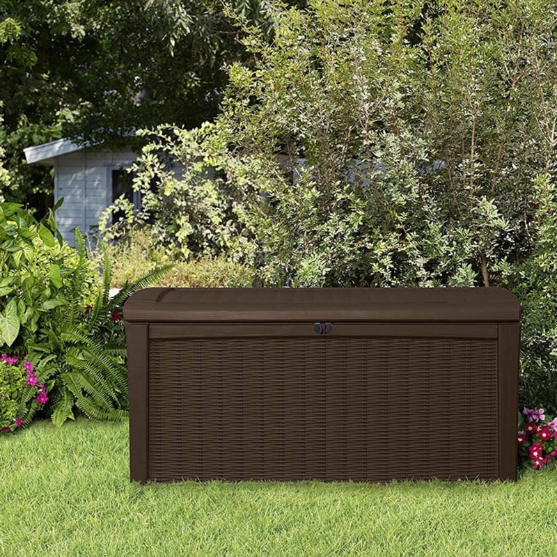 Keter Borneo 110 Gallon Rattan Wicker Resin Patio Deck Storage Box Bench